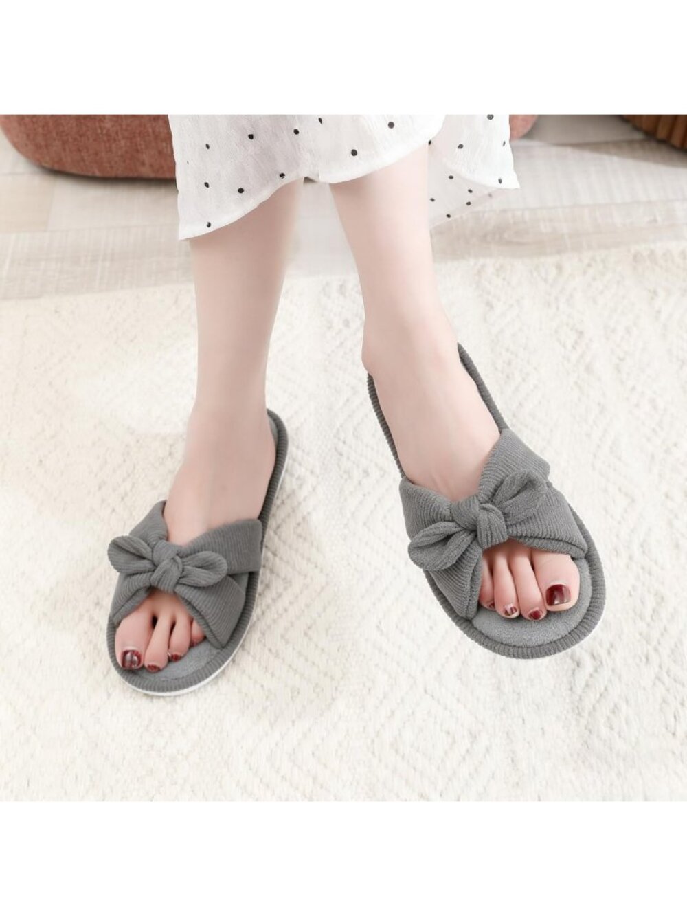 Women's Grey Memory Foam Indoor Corduroy Crossband Open Toe Bow Slipper Shoes - Picture 2 of 6